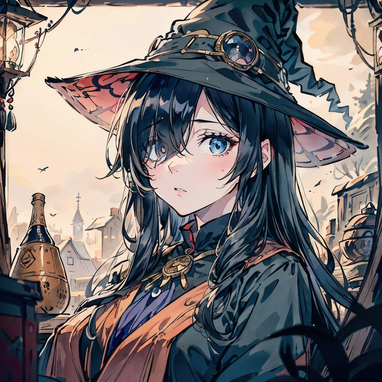 ((1girl)), long hair, black hair, (wavy hair), bangs, blue eyes, high quality, focus on face, (focused expression), autumn, (fisheye), ((witch hat)), in a very cluttered cottage, (dark atmosphere), potions and whatnot, (hair over one eye)