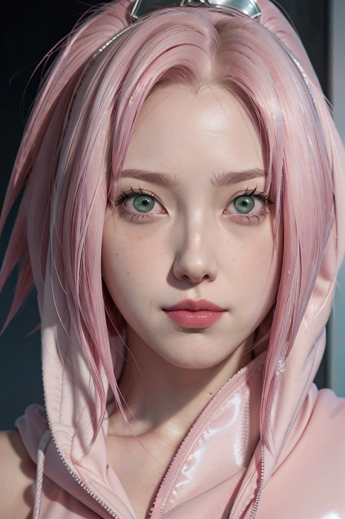 person with short hair and a hoodie, haruno sakura, haruno sakura from naruto, from naruto, as an anime character, perfect anime face, she has pink hair, female anime character, anime character, anime best girl, hime cut hairstyle, pink hair, (red glossy lips:1.3), light green eyes, smile,  (beautiful face:1.3), showing armpits, sweaty body