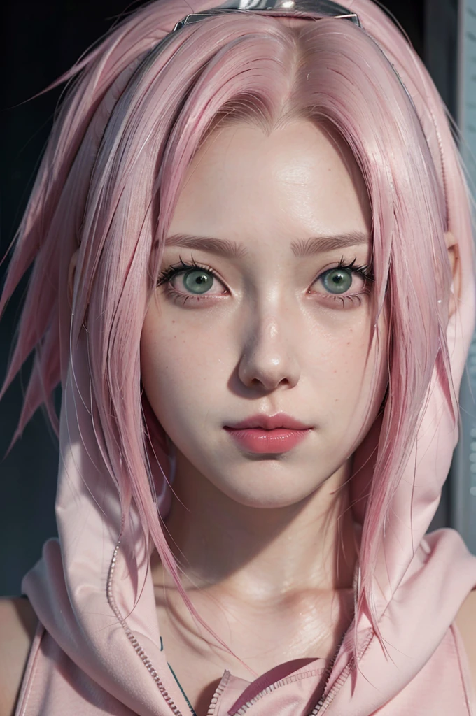 person with short hair and a hoodie, haruno sakura, haruno sakura from naruto, from naruto, as an anime character, perfect anime face, she has pink hair, female anime character, anime character, anime best girl, hime cut hairstyle, pink hair, (red glossy lips:1.3), light green eyes, smile,  (beautiful face:1.3), showing armpits, sweaty body