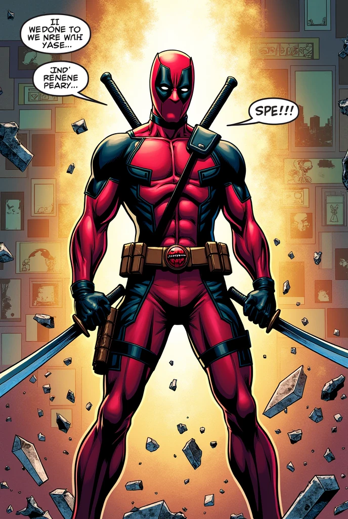 Create a Deadpool breaking the fourth wall with his katanas, and he looks like broken glass, as if he wants to break out of the fourth wall.