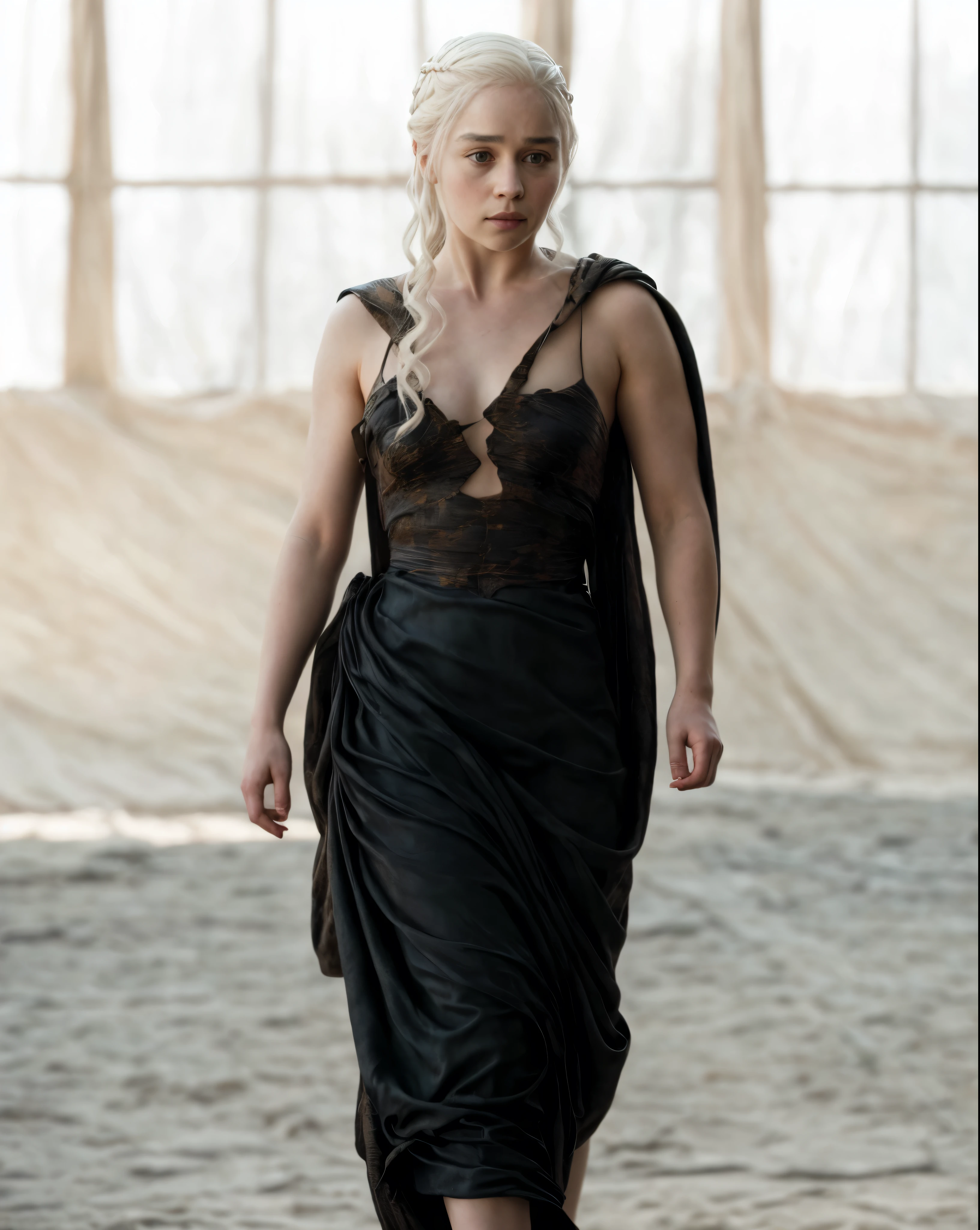 masterpiece, stunning portrait photo of khls woman, sleeveless, erotic costumes, sensual satin dress, game of thrones inspired costumes, compelling, cinematic, extremely gorgeous, stunning beauty, dark ruined place cinematic background,