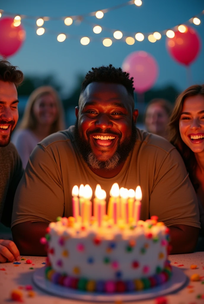 A fat black man, blowing out candles on his birthday 
