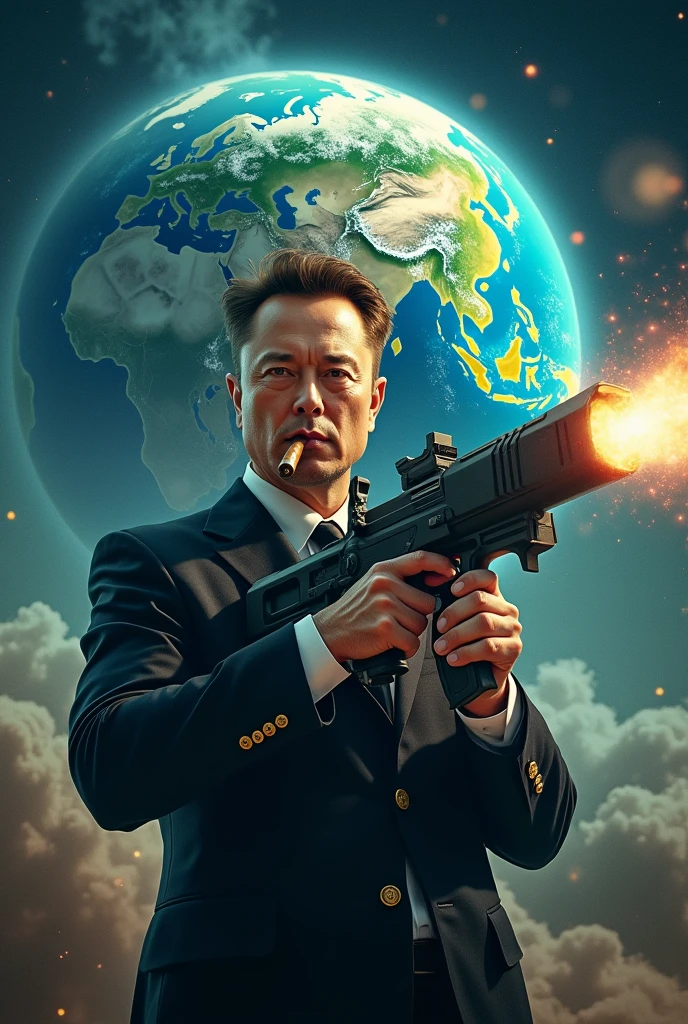 Elon Musk with front face and gun in hand with cigar destroying Earth 