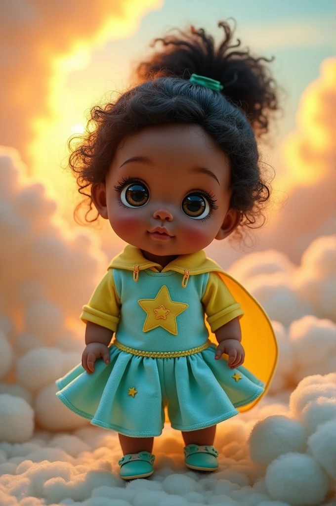 I want a doll that is a , a superheroine, who dresses in the colors of Brazil in pastel shades, I want stars on the baby blue part of the outfit, the baby to be white with black hair