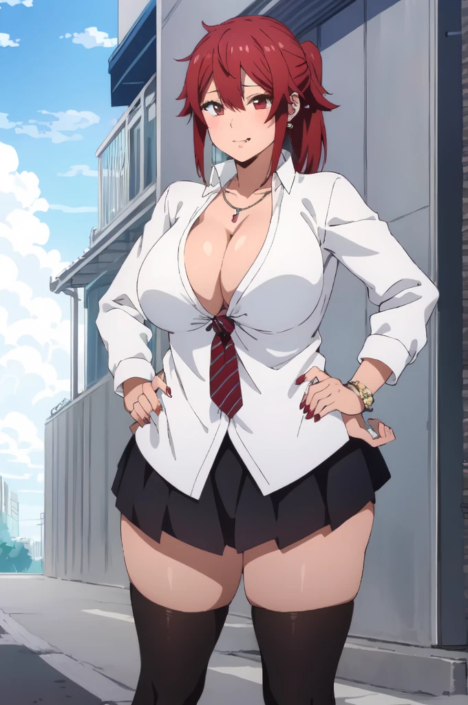 ((best quality)),((highly detailed)),masterpiece,absurdres,detailed face,beautiful face,(detailed eyes, deep eyes),1girl, Tomo, , solo, red eyes, short skirt , sky, day, cloud, pleated skirt, leopard print panty, outdoors, shirt button up cleavage, looking at viewer, open clothes, standing, white shirt unbotten cleavage, Gyaru, Big breast, tanned skin, Glossy lips, a lot of earpierce, Necklace,Bracelet, Half eyes expression, Smirk, feminim,1girl,Solo,Spouty mouth,Big hair,Heart shaped emotion,Bored expression,Thick lips,colored Long nail,Stylish wavy hair,Celeb wavy hair,Tight tights,Plump,Curvy figure,top knot Ponytail,wavy ponytail,H cup,Gyaru rings,Gyaru accesories,Big bouncy breast,Curvy figure,Half eyes open expression,long sleeved green Sweeter,loose tie,Spouty mouth expression,1hand crossing,1hand in cheek