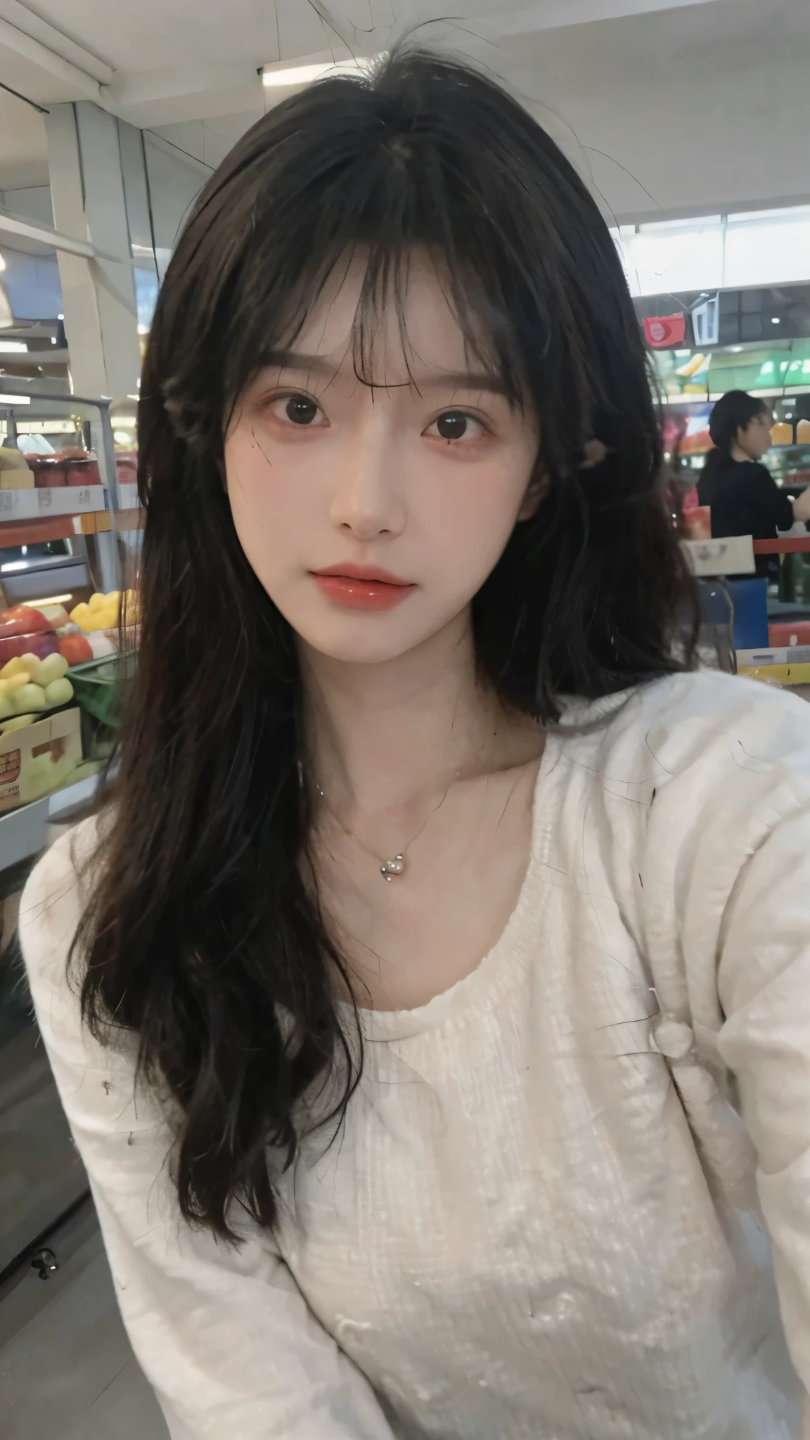 Best quality,Ultra-high resolution,(Realism:1.4),Cute hairpins,girll,Cropped black sweater,Look directly at the audience,Full of atmosphere,Beautiful woman with a slim figure:1.4,supermarket,whole body,Super delicate face,Exquisite eyes,Double eyelids,necklace