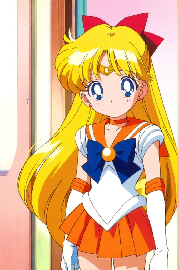 score_9, score_8_up, score_7_up, score_6_up, score_5_up, score_4_up, source_anime, (masterpiece:1.3),(highest quality:1.4),(Super detailed:1.5),8k,High resolution,an extremely delicate and beautiful,Official Art,Perfect Anatomy,(anime_screencap:1.11),(90s anime,90s anime style,Cel-shaded anime:1.47),anime coloring,(1girl:1.5), ((very young child:1.52)),
((aavenus:1.52)), long hair, blonde hair, hair bow, tiara, earrings, blue eyes, orange choker, orange sailor collar, blue bow, white shirt, elbow gloves, white gloves, pleated skirt, orange skirt, bare legs,