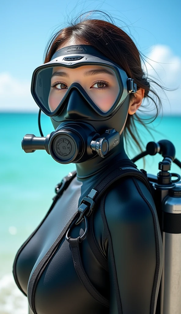 ultra-realistic, photorealistic, 20 years old Japanese famous idol girl, very beautiful Japanese but commercial diver, full-makeup, Getting ready to scuba dive on the sea, masterpiece, (face focus:1.3), beautiful eyes, (wearing commercial diving suits with scuba equipment), (fully equipped for scuba diving:1.3), (full face scuba mask:1.5), (scuba breathe mask:1.5)