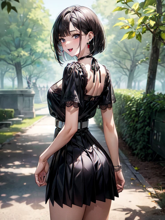 ((masterpiece, Highest quality, Very detailed)),
cowboy shot,
left to right balance, Perfect Hands,beautiful hands, Perfect Fingers,beautiful fingers, Perfect Limbs,Perfect Body,Correct Human Body, beautiful eyes, (face light:1.2), looking at viewer,
One girl, 20 yers old, black hair, bob cut, swept bangs, BREAK ((black eyes)), thick thighs, smile, ((open mouth)), ((lots of pierced earrings)), medium breasts,
cowboy shot,
random ???? pose,
BREAK ((black square neck cropped blouse with lace)), ((cleavage)), (black pleated mini skirt with belt)), silver chain necklace, silver bracelet,
BREAK ((looking back, from behind)),
forest park during the day, in the forest, a well-maintained path, a bench visible in the distance,