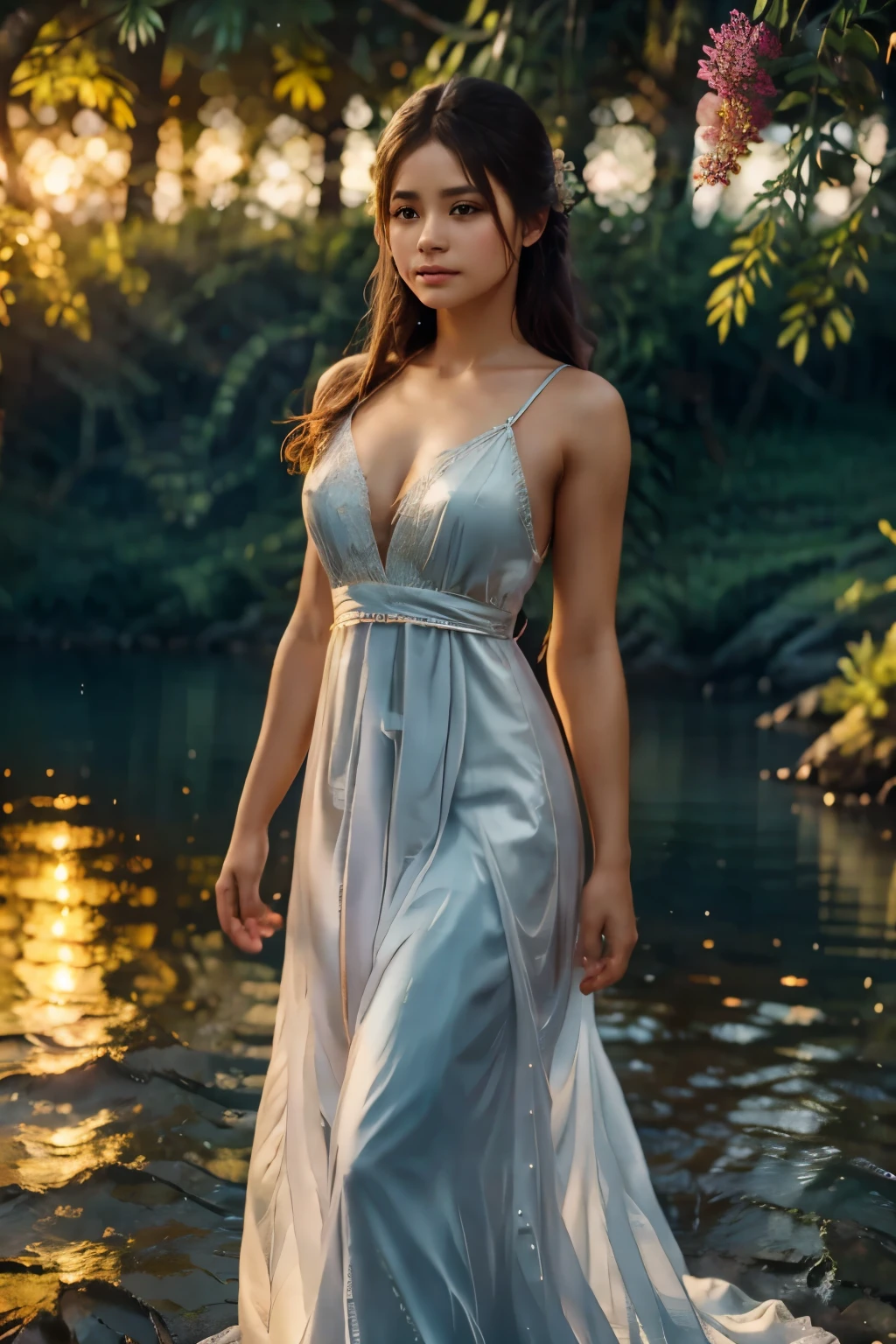 a beautiful young girl standing on the water, long flowing dress, ethereal, serene expression, sun glimmering on the water, detailed facial features, dramatic lighting, fantasy landscape, moody colors, cinematic, (best quality,4k,8k,highres,masterpiece:1.2),ultra-detailed,(realistic,photorealistic,photo-realistic:1.37),HDR,UHD,studio lighting,ultra-fine painting,sharp focus,physically-based rendering,extreme detail description,professional,vivid colors,bokeh
