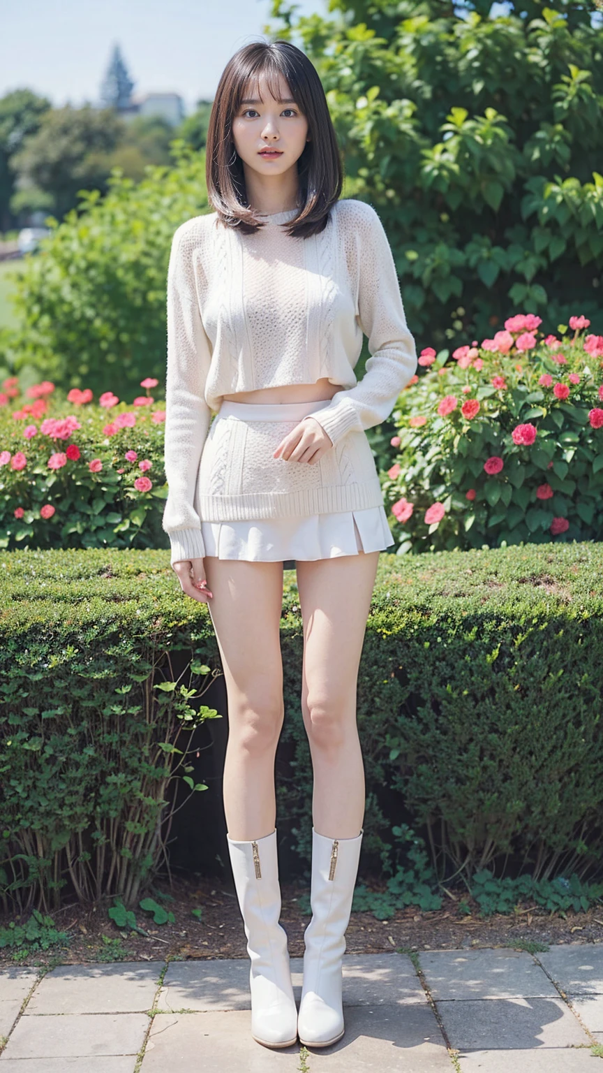 (8k、RAW Photos、Highest quality、masterpiece:1.2)、(Realistic、Realistic)、1 person、((sweater、mini skirt、Medium Hair、garden、garden、Breast enlargement、boots、cool、Thin legs、whole body、View from the front、Looking into the camera、Stand with hands on hips))、cute
