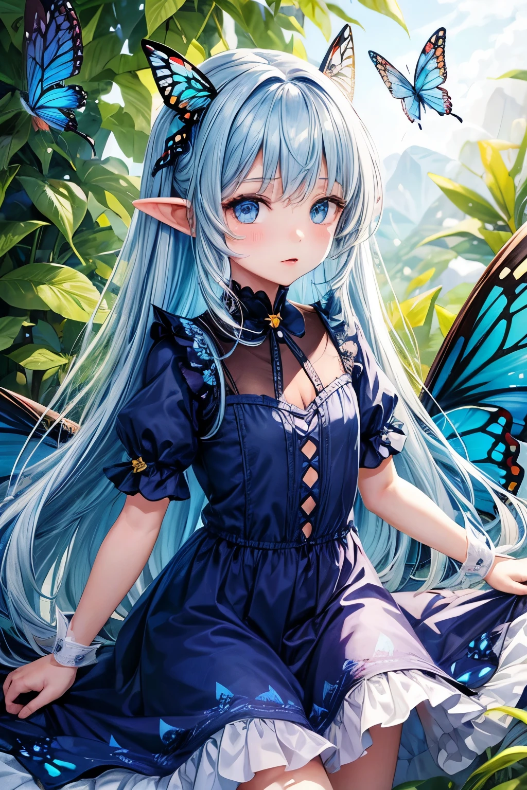Little girl with long blue hair, blue eyes, pointed ears, butterfly wings