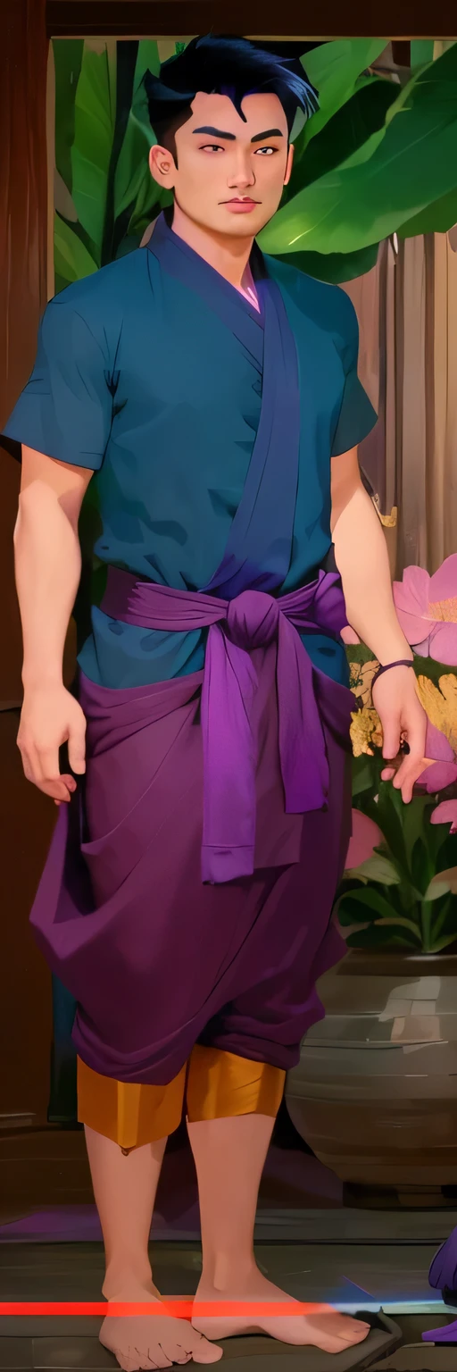 a close up of a cartoon character in a blue shirt and purple pants, dark pruple robes, dark purple robes, wearing pink floral chiton, potion belt, silk belt, saggy purple robes, purple robes, mage robe based on a toucan, sarong, ingame image, monk's robe, wearing floral chiton, monk clothes
