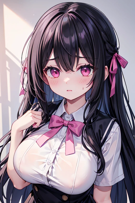 (Highest quality:1.1), (masterpiece:1.2), Lady, Long Hair, Black Hair, Hair Ribbon, Pink Eyes, Big Breasts:1.2, beautiful, cute, Bright Face, good atmosphere, high school girl, School uniform set, sweating, ((Highest quality, Top performance, Maximum details, Light and Shadow Details:1.2, More about 4K))