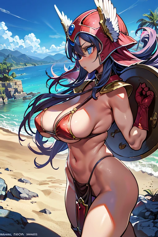 profile, side glance, Glare, anger, (portrait:1.2), slashing,
soldier(dq3), bikini armor, winged helmet, red armor,dq3,Woman warrior,
((Highest quality)), ((masterpiece)),(detailed),High resolution,Sharp focus,Perfect Face,{best illustration},(complete anatomy),
shiny 肌,very shiny 肌,Shiny body,plastic glitter 肌,exaggerated shiny 肌,illuminated 肌,curvy,
(非常にdetailed CG unity 8k wallpaper),(((Vibrant colors))),Official Art,One person,Perfect Fingers,
Purple long hair,Curly Hair,blue eyes,Sharp Eye,Large Breasts,(Perfect body,Perfect breasts,Glamour:1.1),
An athletic body, Muscular,visible muscles,Firm Abdomen,Long legs,((Huge hips:1.2)),
Beautiful Eyes,Symmetrical eyes,Light blue eyes,
gloves,Loincloth,Red long boots,shield,Broadsword,
(sand丘,sand:1.2),pyramid,Dust,the wind is strong,sandstone,(sand漠のオアシス:1.2), Ancient weathered stone pillars submerged in an oasis,((Vast blue sky)),
Towering palm trees,Flickering mirage,(medieval landscape:1.2),
The wind is blowing strongly,