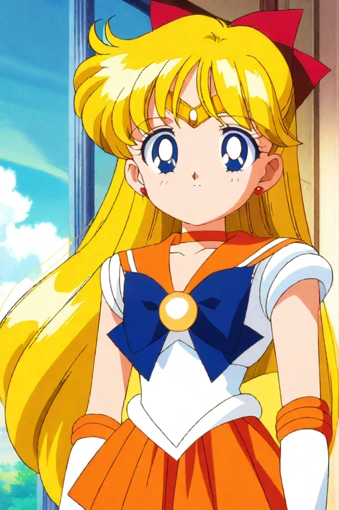 score_9, score_8_up, score_7_up, score_6_up, score_5_up, score_4_up, source_anime, (masterpiece:1.3),(highest quality:1.4),(Super detailed:1.5),8k,High resolution,an extremely delicate and beautiful,Official Art,Perfect Anatomy,(anime_screencap:1.11),(90s anime,90s anime style,Cel-shaded anime:1.47),anime coloring,(1girl:1.5), ((:1.52)),
((aavenus:1.52)), long hair, blonde hair, hair bow, tiara, earrings, blue eyes, orange choker, orange sailor collar, blue bow, white shirt, elbow gloves, white gloves, pleated skirt, orange skirt, bare legs,
