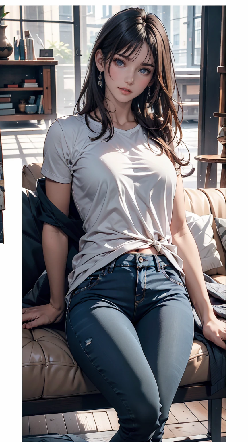 One person,alone,Highest quality, masterpiece, 8k,born photograph, photograph (object), Very detailed, born,Realistic,Sitting, View your viewers,jeans,White T-shirt,Long Hair,Black Hair, sofa,