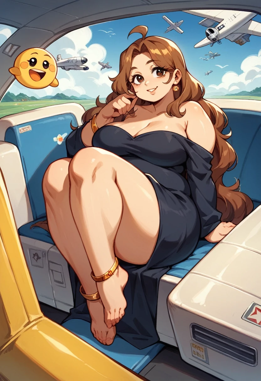 Chubby thic mature pregant japanese wife, brown long hair, Brown eyes, black sexy dress, sitting on airplane chari with husband, smiley expression, airplane un fligth, trading a magazine, high hells, Golden anklet