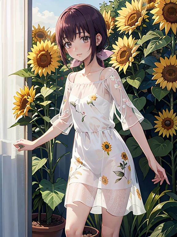 Realistic Skin, Ecstasy, Very short stature，Very thin thighs，13 years old，Small child:1.3，((Fully transparent:1.3) A sheer floral print casual dress)，naked，outside，Midsommar Garden，Sunflower flowers，