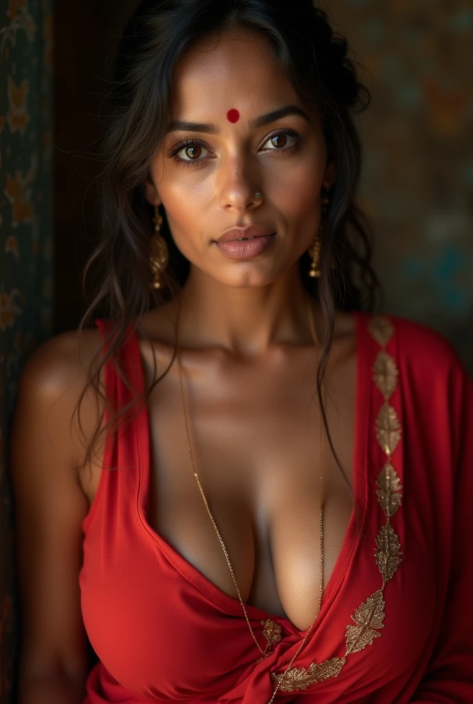 Indian aunty showing cleavage by standing down naked, oversized brest, erotic, seducing, malif, pussy, sexy facial expressions , indian traditional lady, aunty, closeup photography, prime lens cinematic, professional full nude big tit no saree no bra