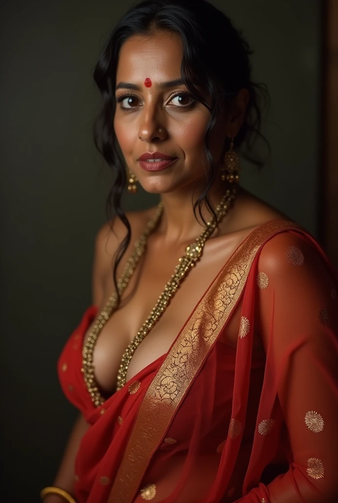 Indian aunty showing cleavage by standing down naked, oversized brest, erotic, seducing, malif, pussy, sexy facial expressions , indian traditional lady,  aunty, closeup photography, prime lens cinematic, professional full nude big tit no saree no bra