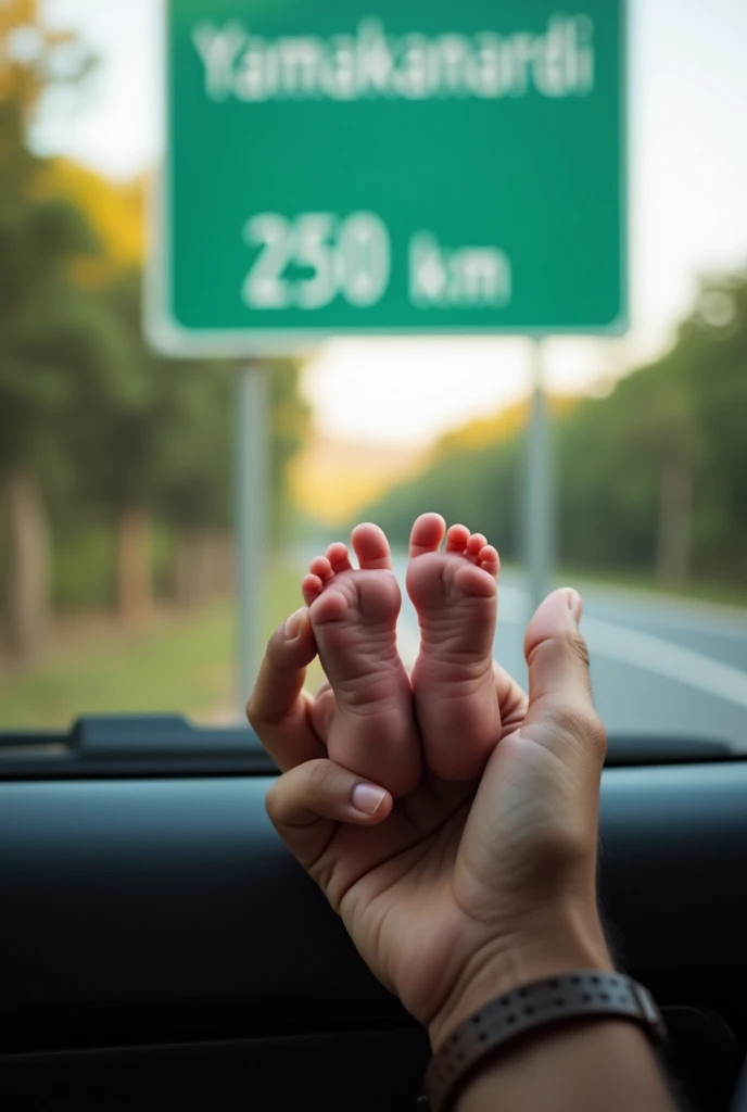 4 month beautiful baby feet with indian father hand on car window glass,kilometer board of grren color with letter yamakanmardi 250km from out side view