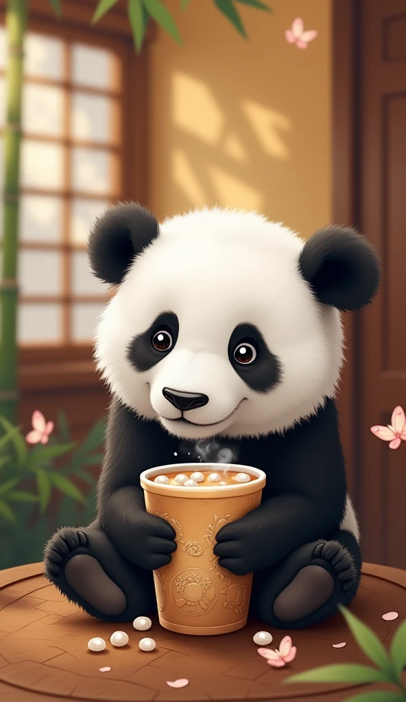 Panda drinking milk tea