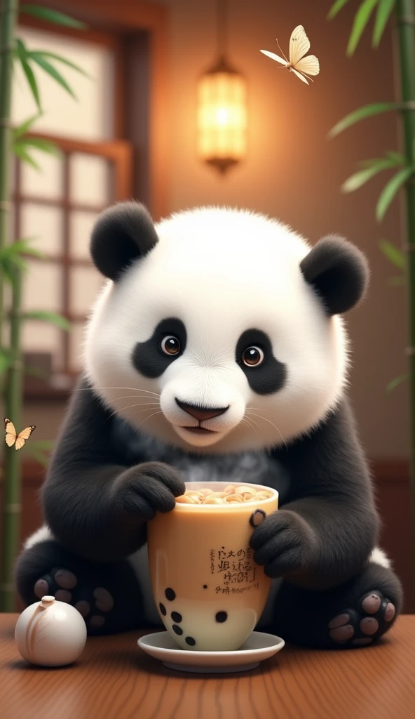Panda drinking milk tea