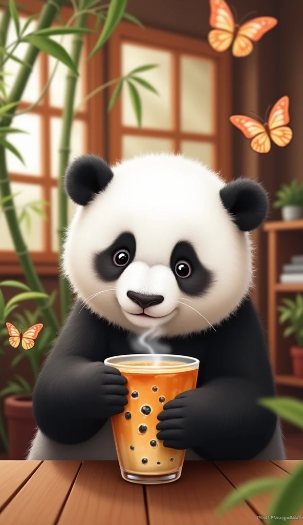 Panda drinking milk tea