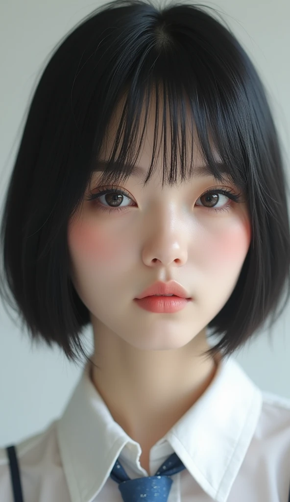 Neat、I am half Japanese and half Russian, a beautiful woman、I am a 1。Black Hair、Medium straight bob cut hairstyle、Beautiful small face with short eyelashes、Boyish eyes、High nose、Deep blue eyes、Very thin upper lip、Milky skin、Accurate and attractive body shape、Beautiful bust、Waist、Hip、Thighs、knees、foot、tie、I am wearing a white collared shirt。Real Stick、Masterpiece、Highest quality