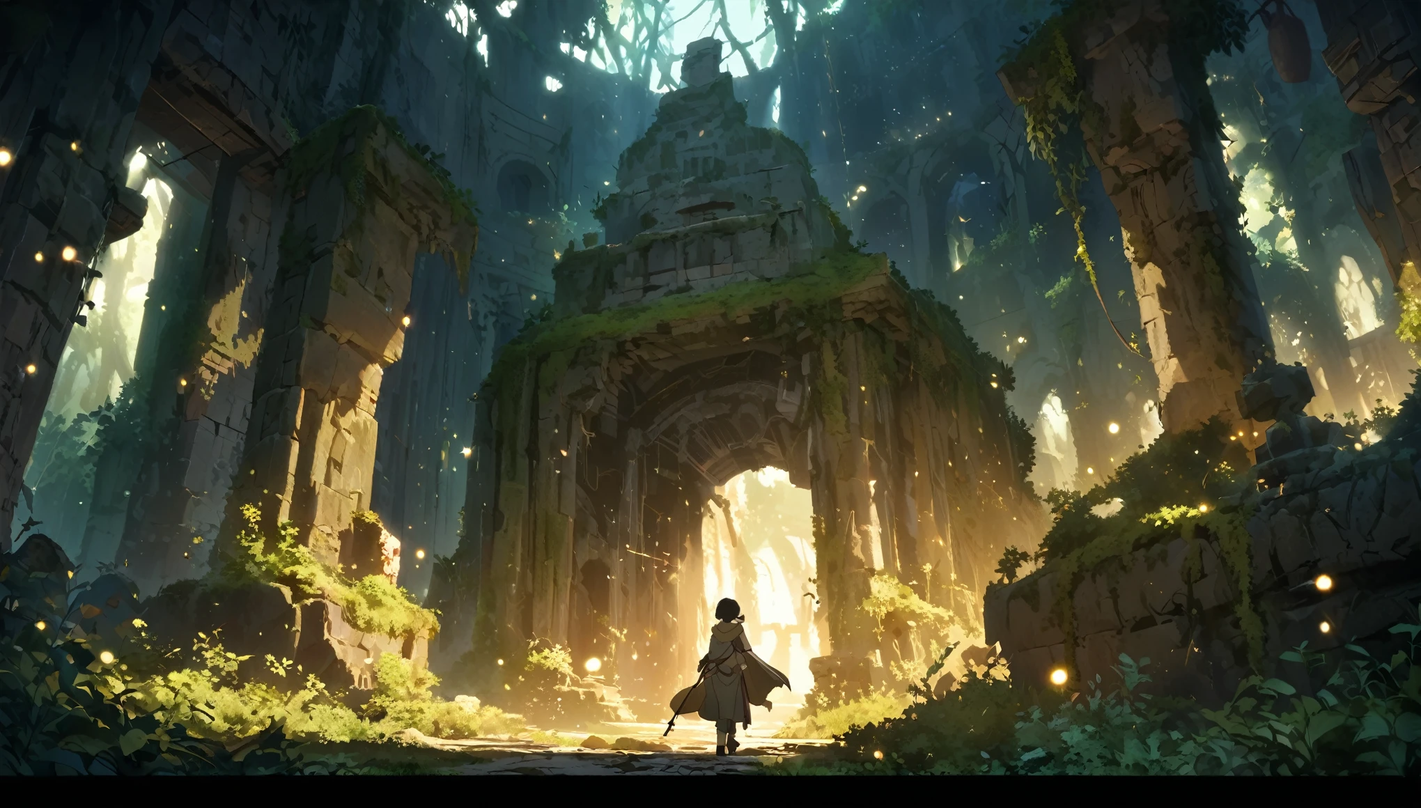 2d jrpg game Image of an Ancient Ruins Explorer. The explorer is depicted as a young, determined adventurer, equipped with a weathered cloak and various ancient artifacts. The ruins are covered in vines and moss, with faded carvings and mysterious symbols etched into the stone walls. The atmosphere is thick with mystery, as beams of sunlight pierce through the dense canopy above, casting eerie shadows across the ancient stones. The explorer is shown in a moment of awe, gazing at a glowing relic or hidden passage that hints at the untold secrets of the past. The background could feature intricate stone architecture, crumbling statues, and overgrown vegetation, all contributing to a sense of timelessness and discovery. The lighting is atmospheric, highlighting the contrast between the darkness of the ruins and the warm glow of the discovered relic.Type of Image: Anime, character illustrationSubject Description: Young explorer amidst ancient ruins, surrounded by overgrown vegetation and mysterious relicsArt Styles: Fantasy Anime, Detailed Anime StyleArt Inspirations: Studio Ghibli, Laputa: Castle in the SkyCamera: Wide shotShot: Awe-struck pose in front of ancient ruinsRender Related Information: Highly detailed, atmospheric lighting, warm and earthy tones, 8K resolution, mystical and ancient ambiance,sparkle effects