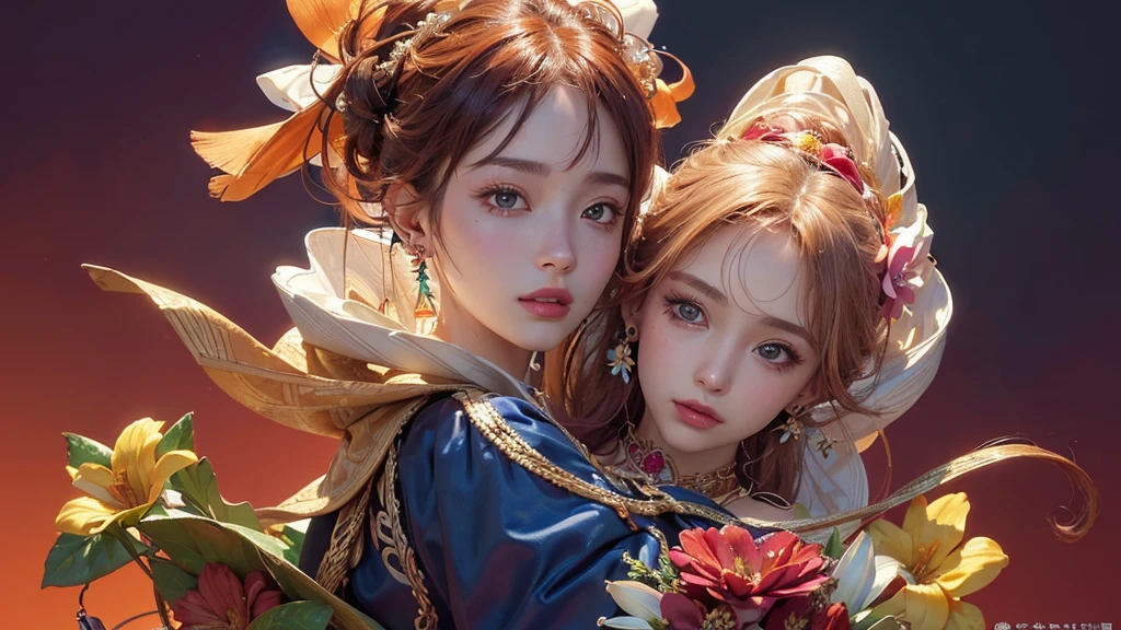 32K, 最高quality, 最高masterpiece, (ultra-Detailed Background, Detailed Background), High resolution, Super detailed, Very detailedな, 1 personの, (bouquet:1.3), (Tangled:1.2), (Geometric:1.2),(colorful),(masterpiece, quality, best quality, Official Art, Beautiful and beautiful:1.2), (1 person:1.3), Very detailed,(colorful:1.1)(Flowers:1.3),Most detailed,(Tangled:1.2), whole body, (Abstract background:1.3), (Skin glows), (Many colors:1.4), ,(Earrings Jewelry:1.5), Pale Red Background, It's imaginative., Milk tea colored hair, Updo,