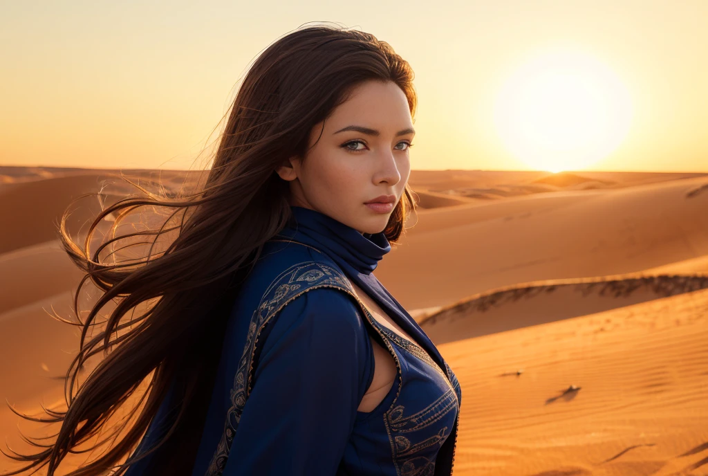 High resolution, Anatomically correct, accurate, Highest quality, High detail, Textured skin, One Woman, People of the Sahara, Brown Skin, Sahara nomads, Blue Costume, Blue scarf, Blue Robe, tuareg, Black Hair, sahara, Camel caravan, Vast sand dunes