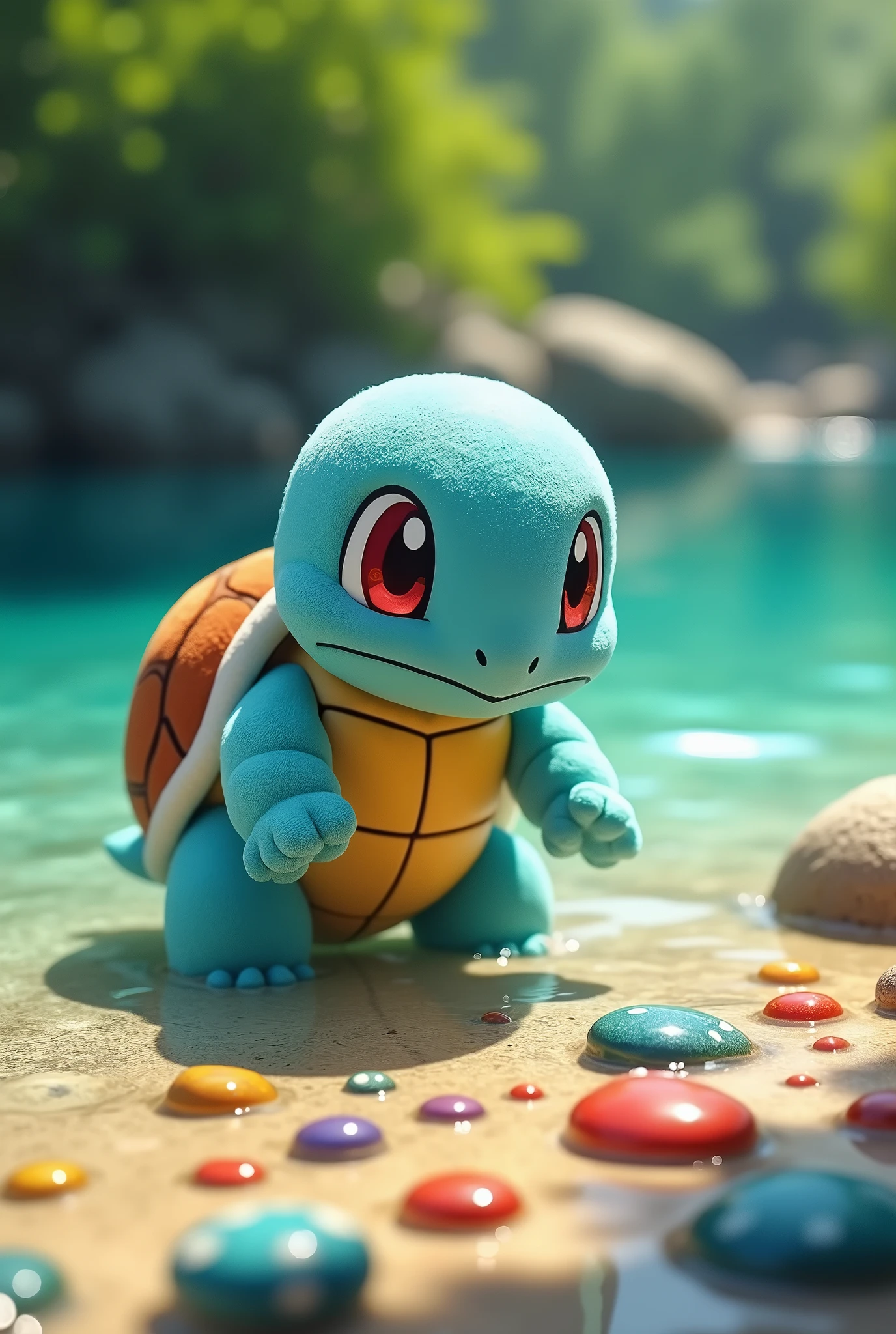 a stuffed turtle sitting in some water looking at something on the ground, a colorized photo, plasticien, squirtle, real life pokemon, cgi art, similar to pokemon