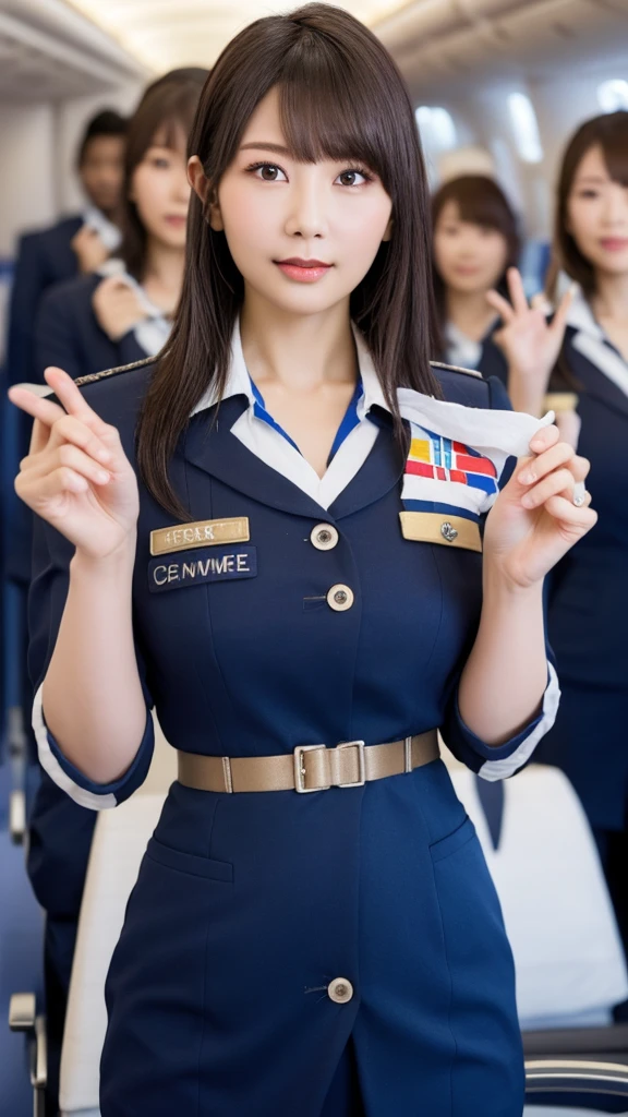 8k, Highest quality, Intricate detaileds, 超detailed, Ultra-high resolution, masterpiece, 1 female, , 40 years, Stubborn , (Delicate face), detailedな唇, (Airline stewardesses:1.3), detaileded chest, (Huge breasts), detailed, Perfect body, Cowboy Shooting, background: (Inside the plane)