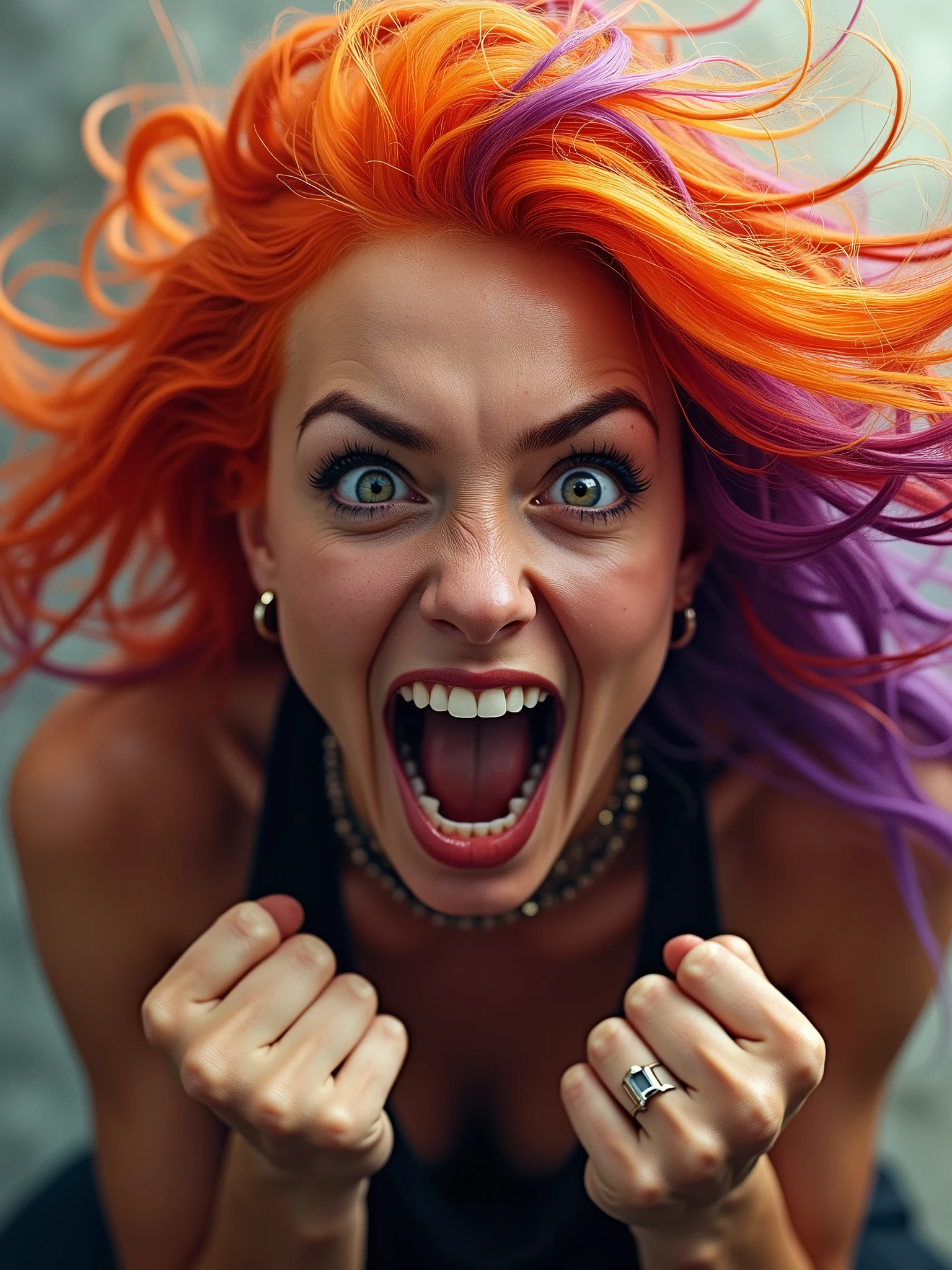 A hyper-realistic portrait of a hot girl with a fierce, confident vibe, now gripping her messy, tangled, and frizzy hair with both hands and screaming in a completely chaotic and frenzied state. Her neon orange and iridescent purple hair is being pulled wildly in every direction, and her expression is one of utter madness, with wide, bloodshot eyes and a mouth contorted in a crazed, unhinged scream. Her body language and expression convey uncontrollable chaos, as if she's on the brink of losing all sanity. The energy is explosive, with her look pushing the limits of what it means to be truly unhinged.