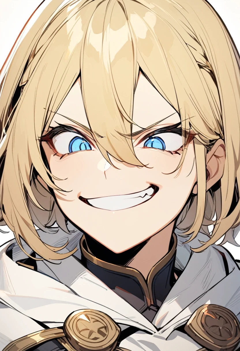 1 girl, blonde hair and blue eyes, arrogant expression on her face, smug smile.