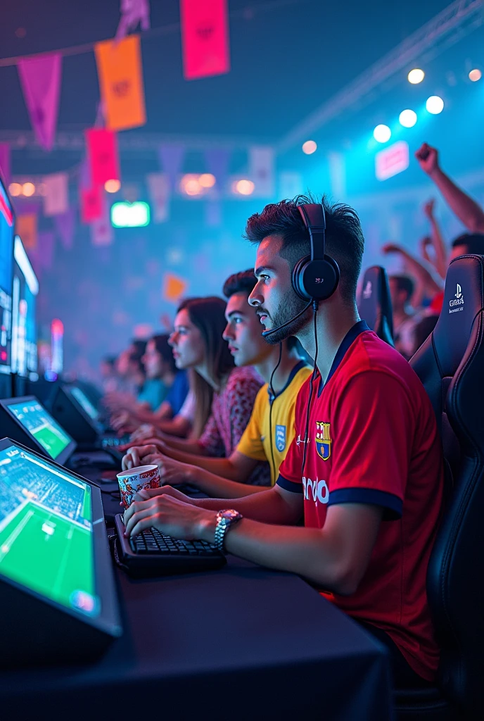 Create a flyer with people competing in FIFA PlayStation and an audience watching