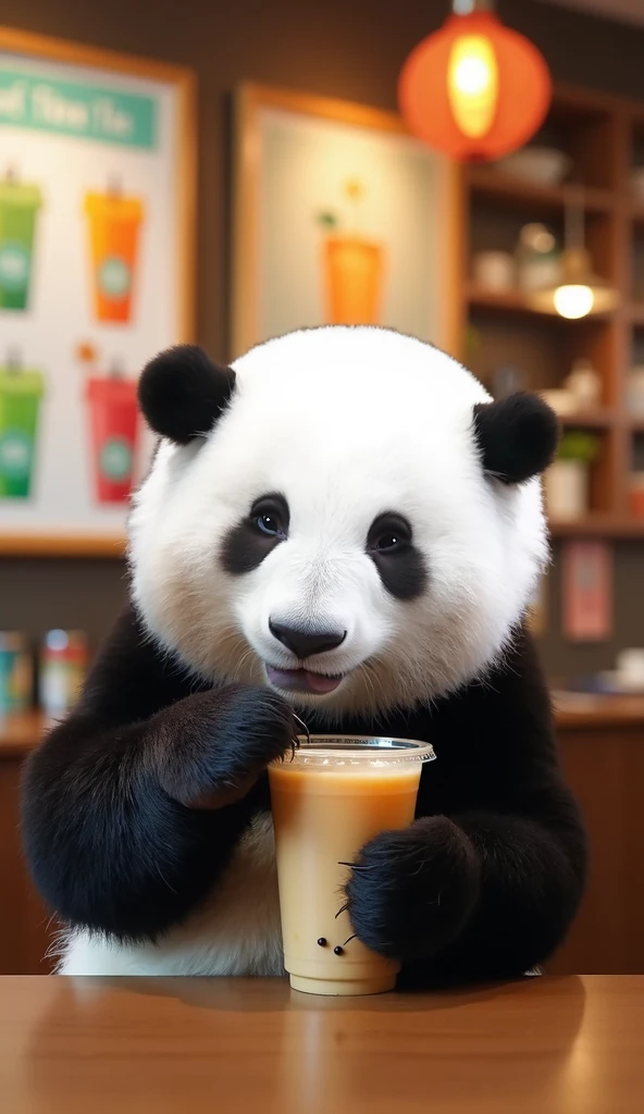 Panda drinking milk tea