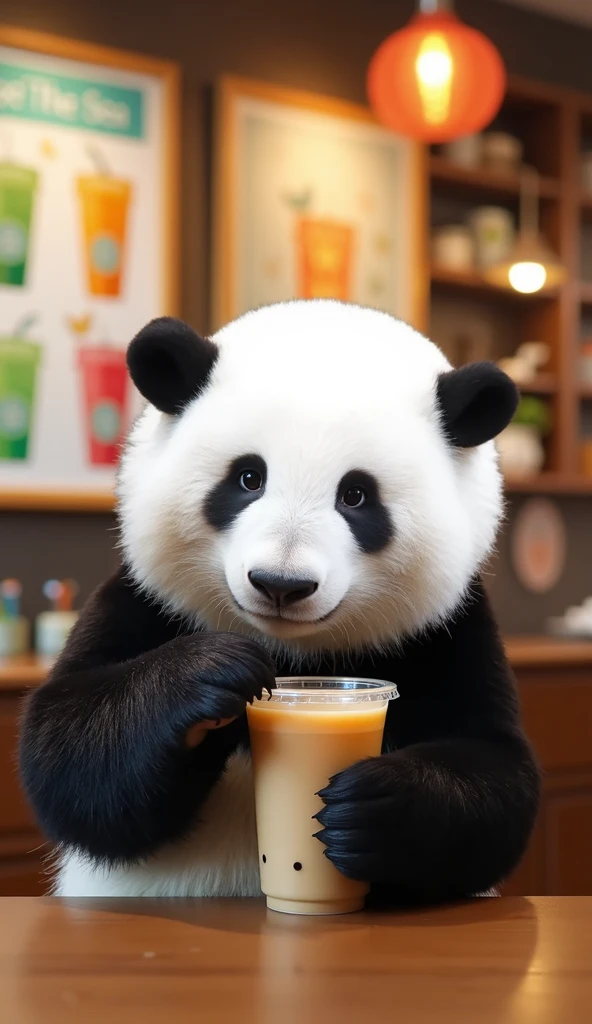 Panda drinking milk tea