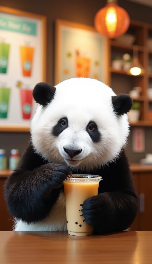 Panda drinking milk tea