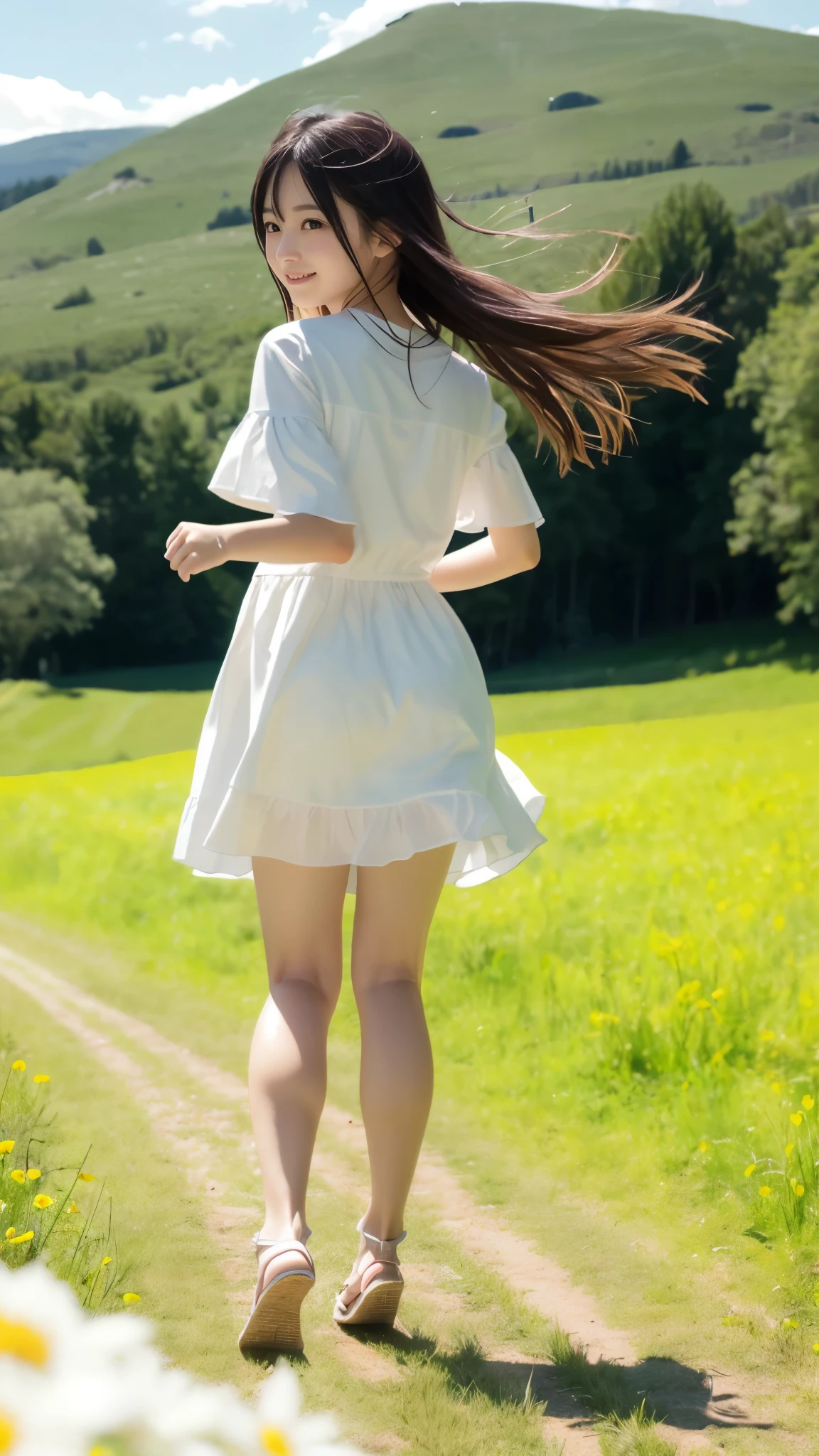 Her hair is black and short、15 years、Small face、Watery eyes、Natural Makeup、(Rear view、Buckshot、Chasing after her from behind)、((She turned around:1.3、Look straight at your audience))、A light smile、Her face is round and cute、(My hair is being blown by the wind.)、Small feet、White Sandals、Ribbons on the ankles、(running in the meadow と:1.3)、scene:There is a beautiful scene floating in the background.、blue sky, White cloud, Green meadow and colorful flowers、The scene is softly painted like a watercolor painting.、that'What a wonderful atmosphere!、The scene expresses the imagination and sensibility of the girl ,more_become close:1.5, (More and more_become close:1.9)、(((In the nude:1.7)))、Floral、(Detailed eyes and face:1.2, Professional photography techniques)、(The right move)