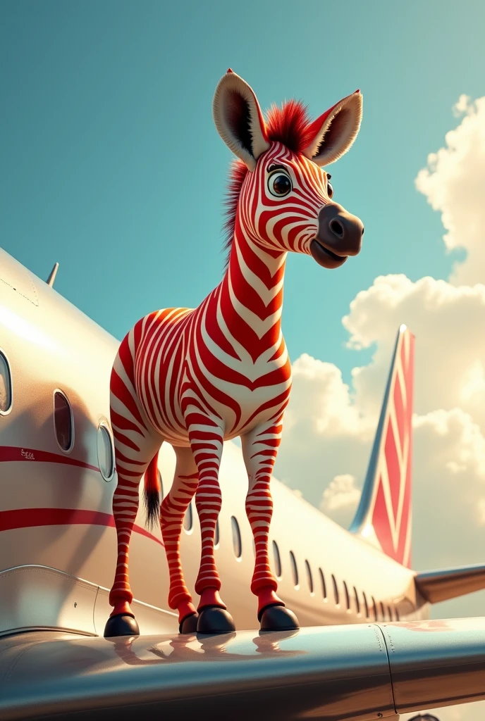 Red zebra on a plane