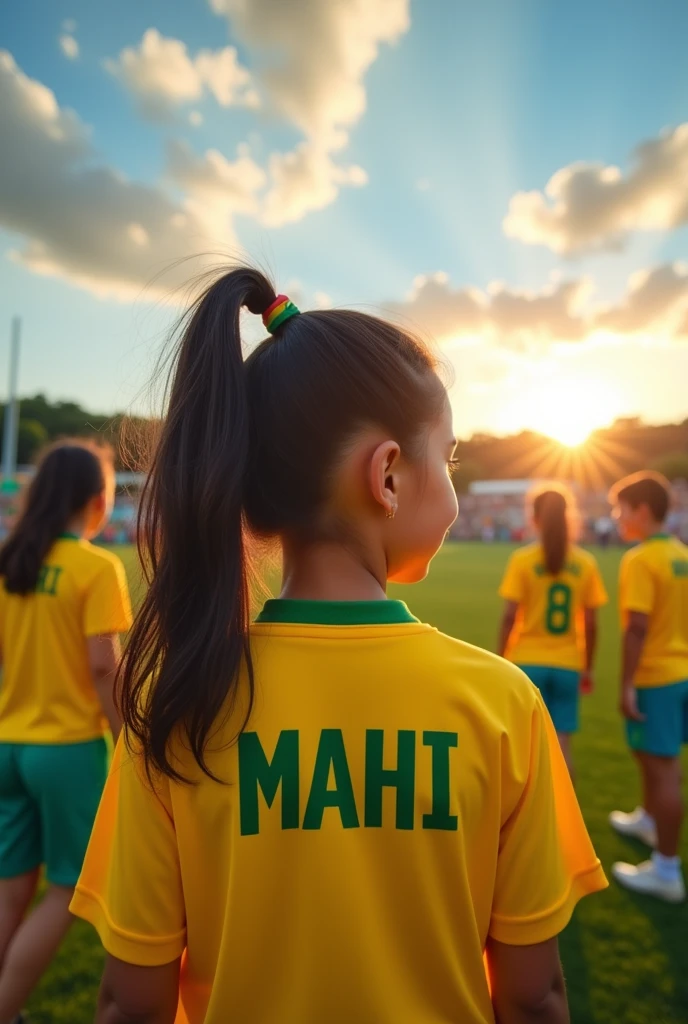 A girl wearing brazil Jersey with name 'MAHI'