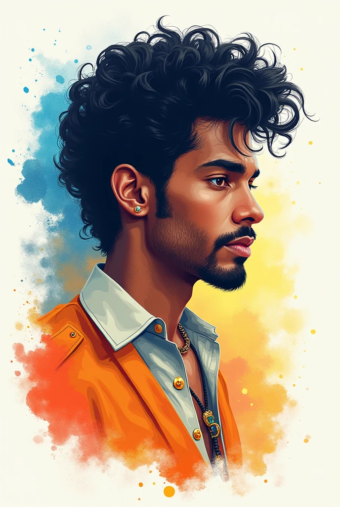 A stylized illustration of PRINCE, , accented by colorful splashes of watercolor in shades of blue, orange, and yellow surrounding