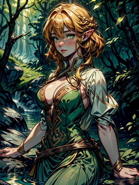 Tauriel, the woodland elf from The Hobbit movie, best quality, ultra-detailed CG unity 8k wallpaper, floating, high resolution, dynamic pose, beautiful face, pale white skin, dark red hair, (green eyes:1.2, yellow hair:1.3, green clothes), depth of field, white forest, golden leaves, magic light), slim body, deep cleavage, tight bust, looking at viewer
