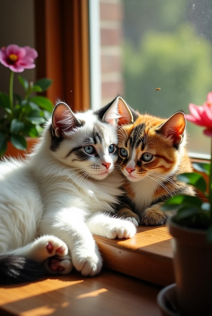 White and grey cat next to tricolour female cat