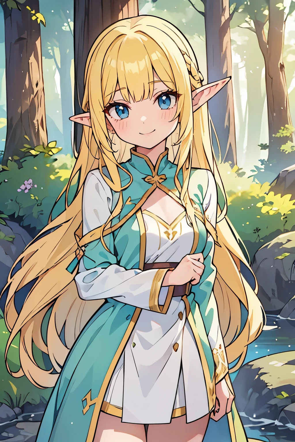  solo girl, (young female body:1.4), ( medium small breasts), cowboy shot, shy smile, flustered,  yellow golden hair, extra long hair, thick wavy hair, hime cut, very blunt bangs,yellow disheveled hair, light blue eyes forest background, magical trees, river and rocks, elf ears, elf girl, white and light green dress,