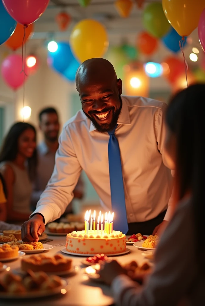 A bald, black, fat man with no beard wearing a tie, blowing out candles