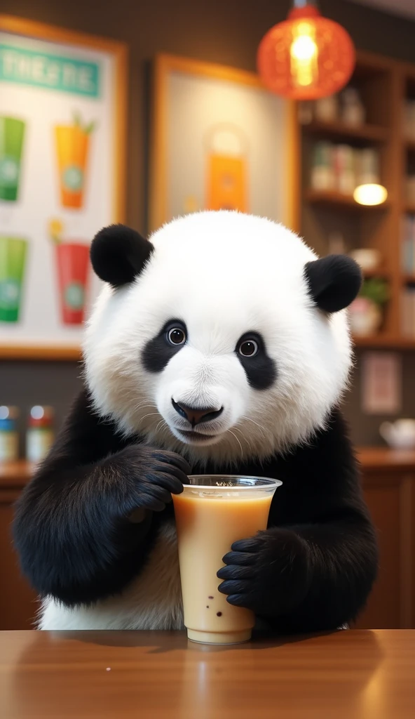 Panda drinking milk tea